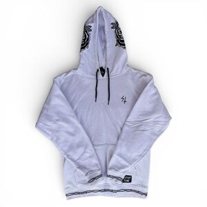 Men’s M White Sketchy Tank Hoodie with Embroidered Black Rose Design